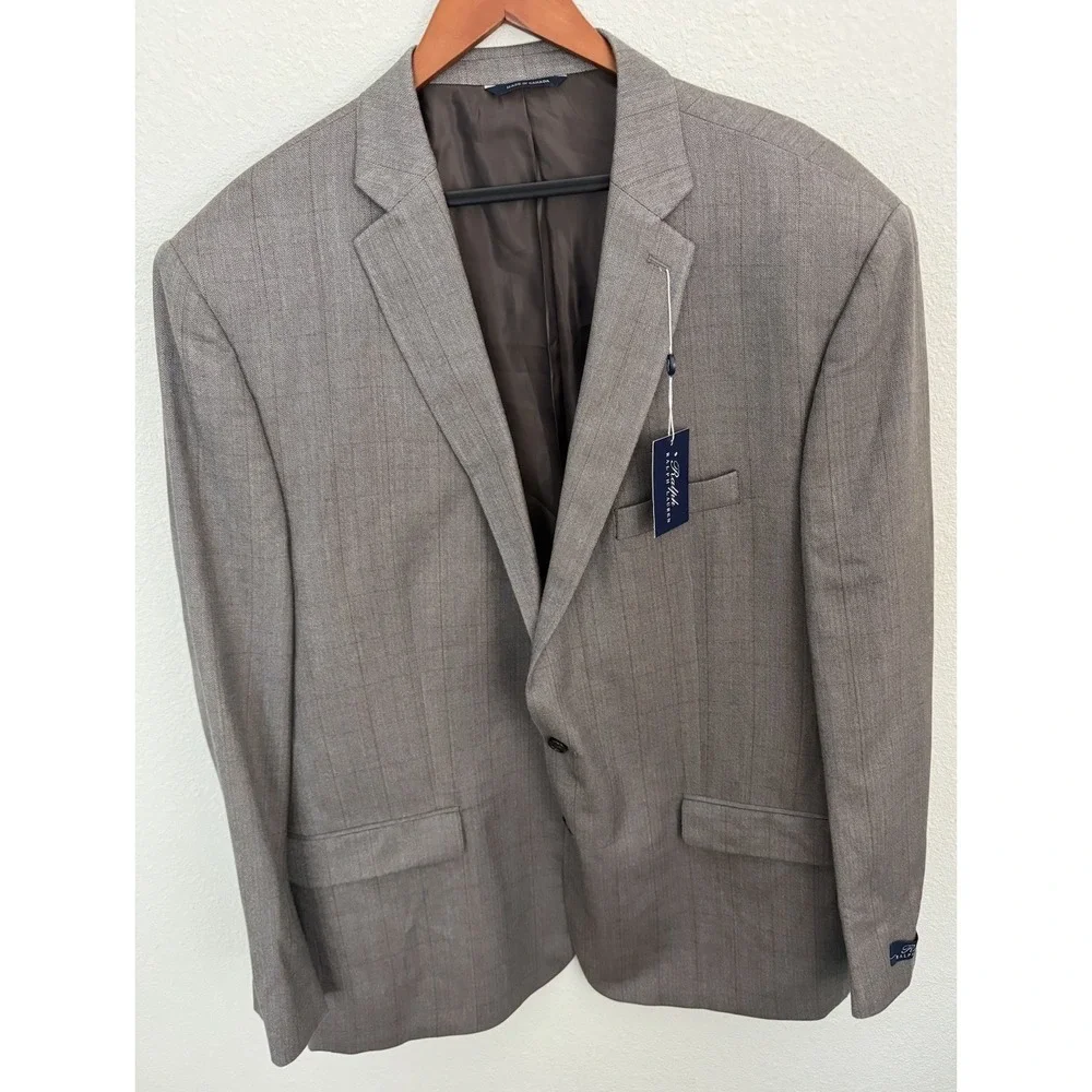 Ralph Lauren Mens Wool/Silk Light Brown/Blue Plaid Suit Jacket 52 Long NWT